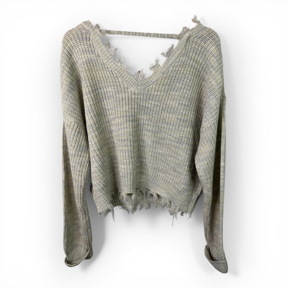 Cloud Chaser Womens size XL Cropped Open Knit Distressed Frayed Sweater Gray